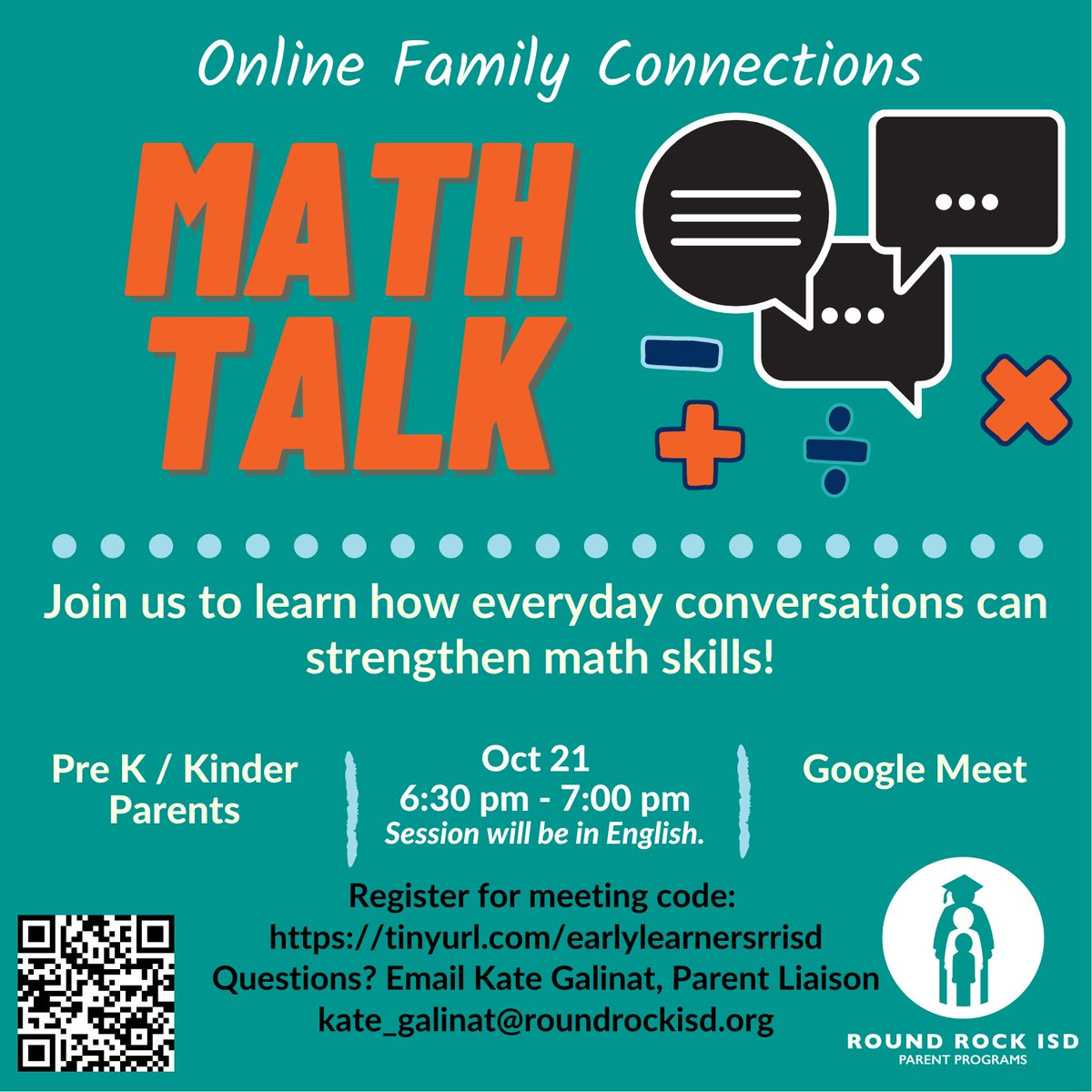 KateRRISD's tweet photo. Join us RRISD Pre-K and Kindergarten Parents for a chat about Math Talk and strategies you can do to support classroom learning. @dft_braves @alifiabritton @caldwellheights @michellemontal8 https://t.co/Y9Bdrbl9sw