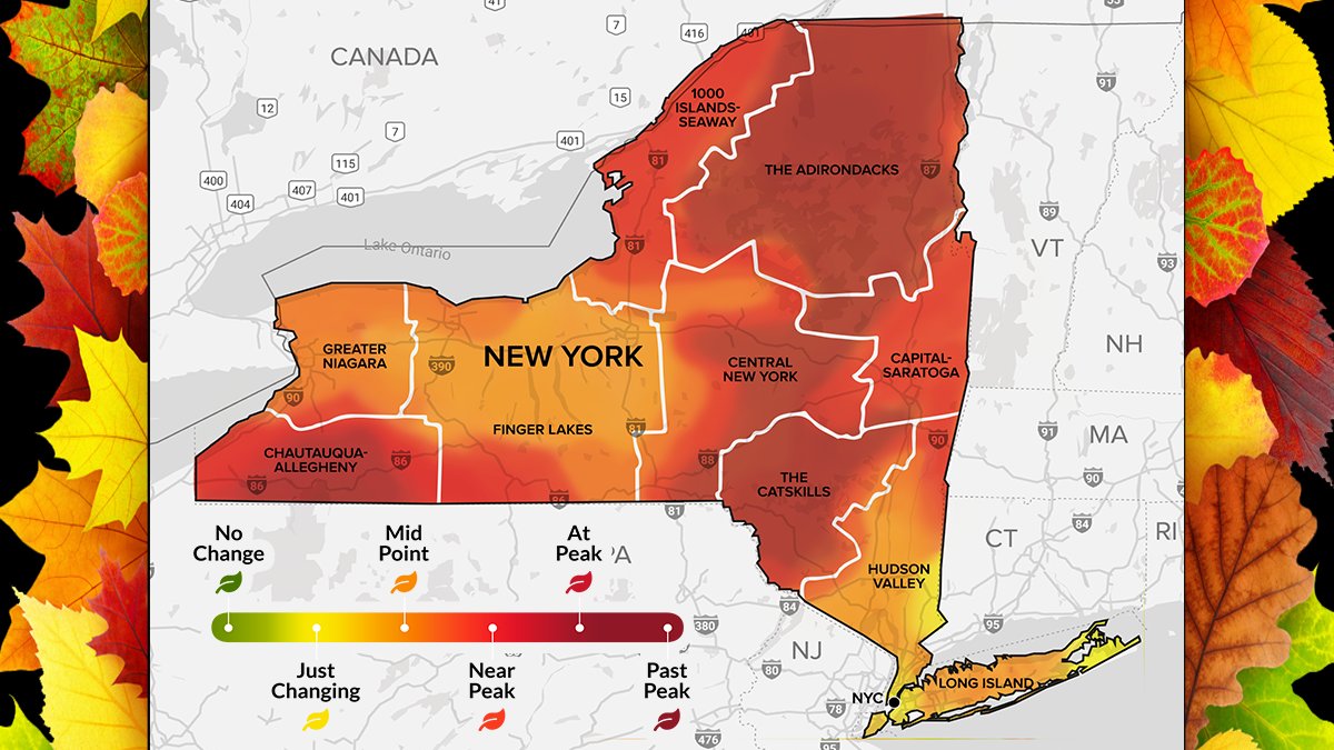 A map of New York State colored in hues of red orange, and yellow to indicate the colors of the leaves changing for the fall season