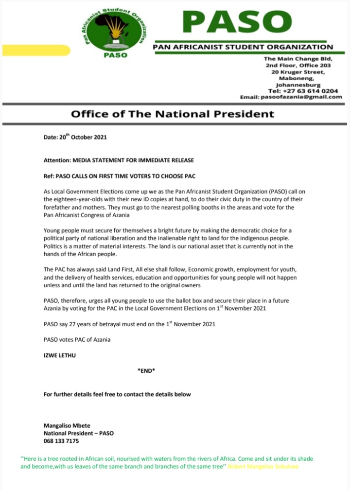 [MEDIA STATEMENT FOR IMMEDIATE RELEASE]

PASO CALLS ON FIRST TIME VOTERS TO CHOOSE PAC 

PASO SAYS 27 YEARS OF BETRAYAL MUST END ON THE 1ST NOVEMBER 2021

PASO VOTES PAC OF AZANIA 

<a href="/MyPAConline/">Pan Africanist Congress of Azania (PAC)</a> <a href="/SABCNews/">SABC News</a> <a href="/eNCA/">eNCA</a> <a href="/Powerfm987/">POWER 98.7</a> <a href="/CapricornFM/">Capricorn FM</a> <a href="/seroke_jaki/">Jaki Seroke</a> <a href="/IOL/">IOL News</a> <a href="/News24/">News24 🇿🇦</a> <a href="/pac_president/">PAC President</a>
