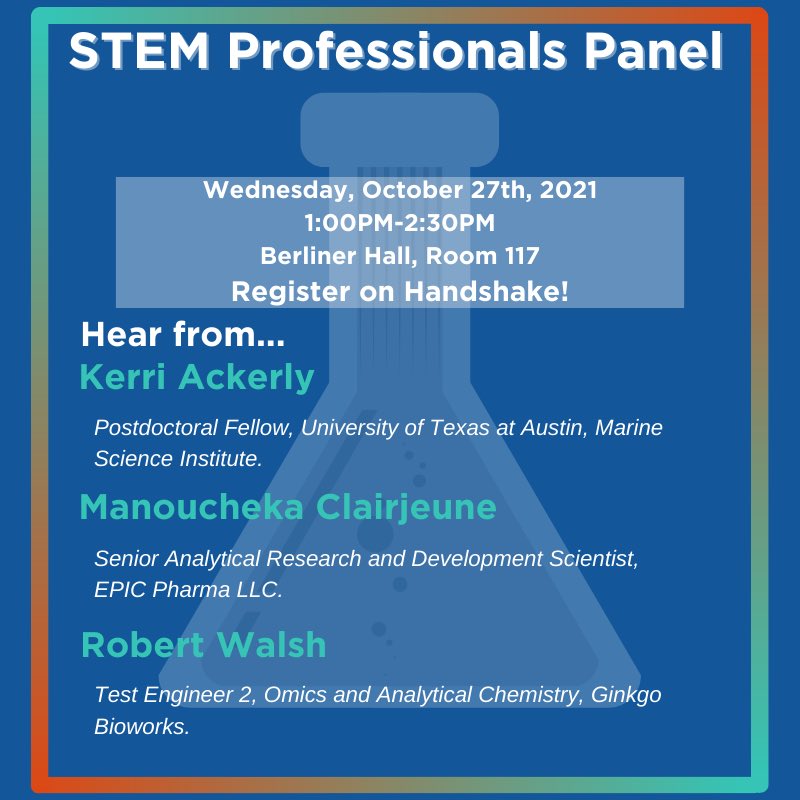 The STEM professionals panel is happening one week from today! Hear from some awesome professionals in your field and expand your network! Register via Handshake!