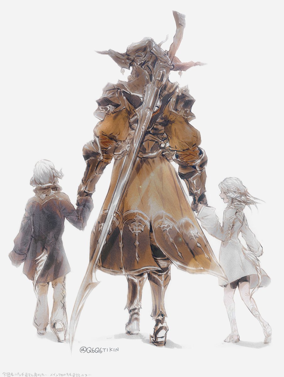 1girl holding hands armor walking weapon height difference au ra  illustration images