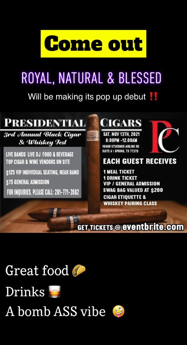RNB_Holistic's tweet photo. Saturday, November 13, 2021. Presidental Cigars is having its 3rd Annual Festival🎊🤪

Royal, Natural &amp; Blessed is proud to announce that we will be there! We can’t wait to share our blessings with more beautiful people❕ 

Don’t miss out on some GREAT energy, food &amp; drinks‼️ https://t.co/fE1ovg0vQn