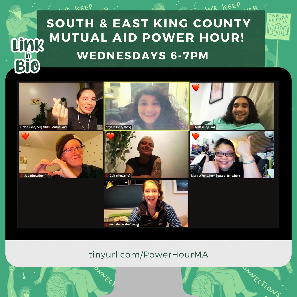 MutualAidSKCE's tweet image. South &amp;amp; East King County Mutual Aid Power Hour
When: Wednesdays | 6pm -7pm | Oct. 20th, Oct. 27th via zoom (link in bio)
Join us if you live in South or East King County and would like to build mutual aid pods or join existing ones in your neighborhood! 
tinyurl.com/PowerHourMA