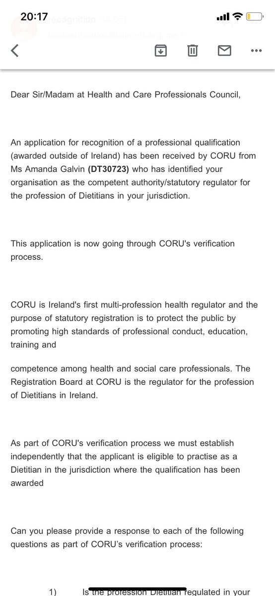 Amandatarag's tweet photo. Any other HCPC registered Dietitian’s who have sought @CORUIreland registration had to do this? Seems v excessive- I’ve already given proof of HCPC reg?? Finding the whole process incredibly frustrating😫 Like, are Dietitian’s regulated in the U.K…what?!? @trust_indi https://t.co/5XsfBA3ZxI