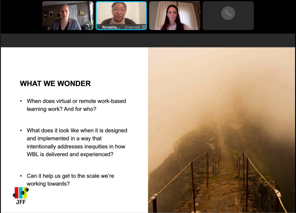 jfftweets's tweet image. A few things we're wondering about remote or virtual work-based learning: When does remote or virtual work-based learning work? And for who? How do we address inequities? Can it help us scale opportunities for young people? Comment with your thoughts below #JFFpathways
