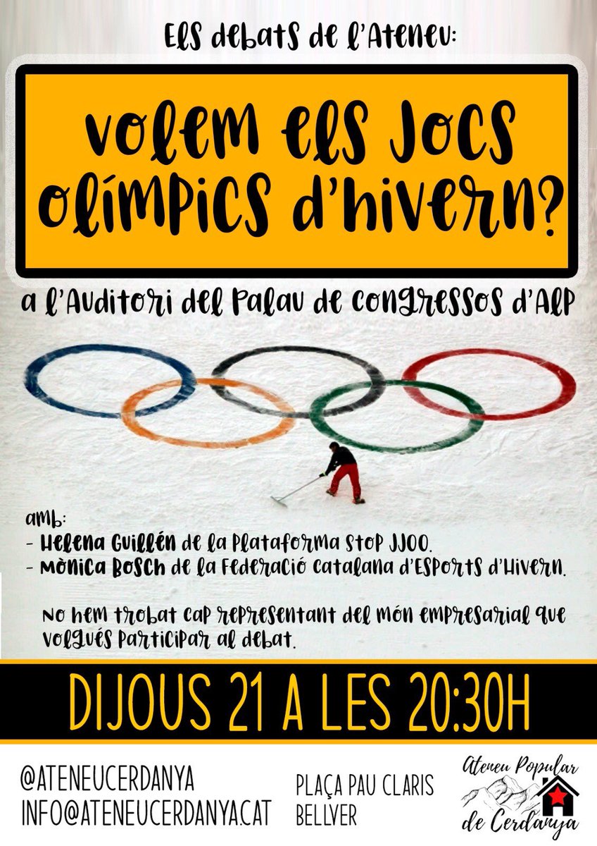 Demà posarem sobre la taula la Candidatura als Jocs Olímpics d’Hivern Barcelona-Pirineus2030. 

Obrirem el debat a tothom. Perquè ja coneixem els interessos de les elits d’aquí i d’allà, però volem saber què en penses tu!

📍Palau de Congressos d’Alp, 20:30h