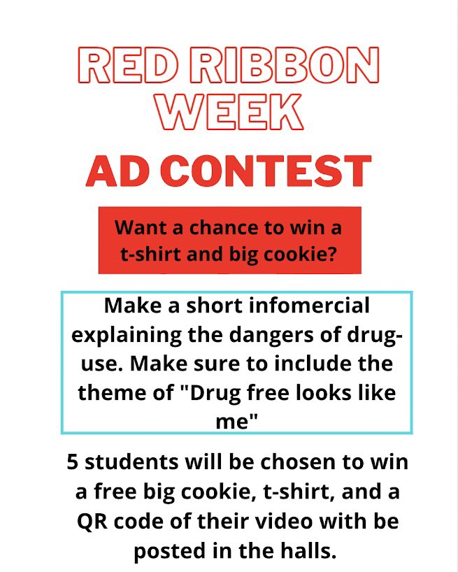 CouncilHms's tweet photo. Attention! We will be doing an ad contest for red ribbon week. Any HMS student must email their ad to Mr. Augustin by 2:45 on October 27 https://t.co/PXS7BKSX2b