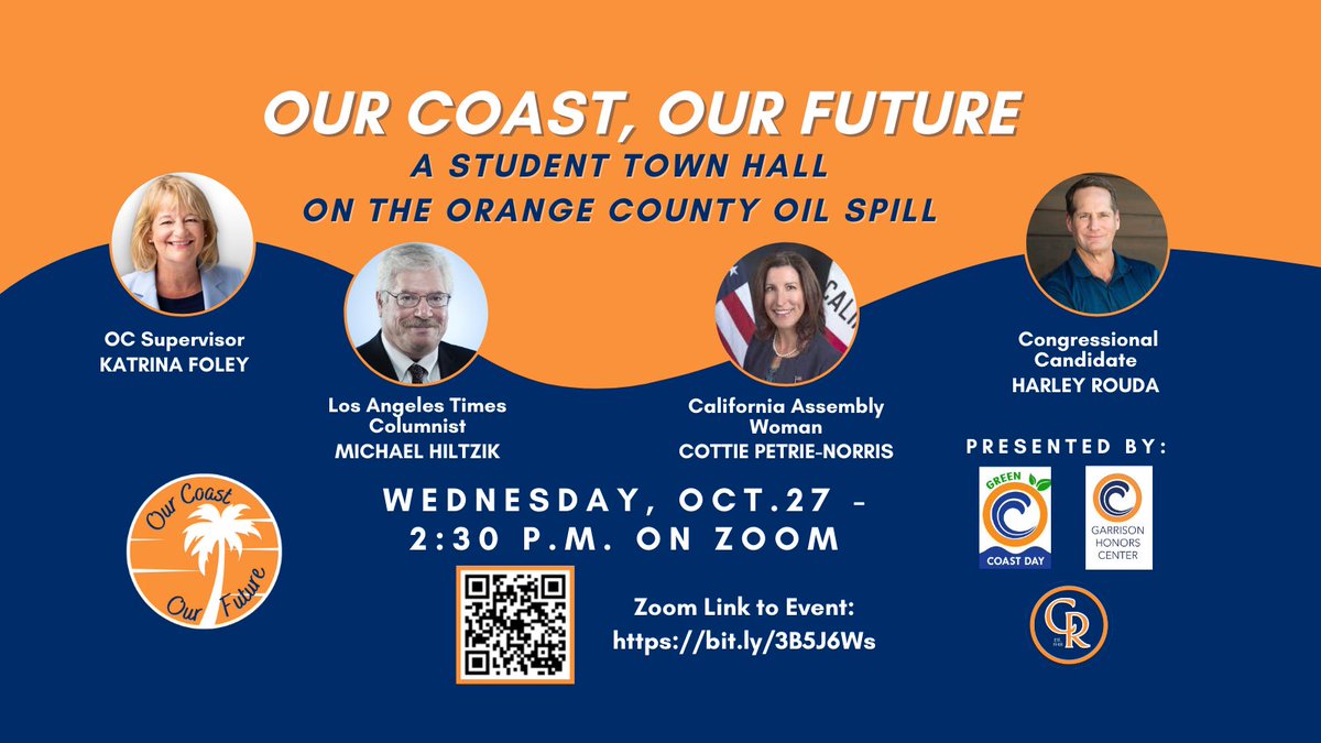 OUR COAST, OUR FUTURE
A Student Town Hall on the Orange County Oil Spill
Join us on Wednesday, OCT. 27 at 2:30 P.M. on Zoom. 
To join in: take a screenshot of the QR code, or follow the link in our bio!