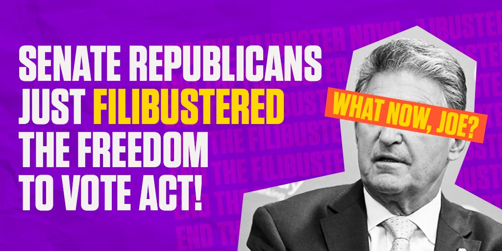 .<a href="/Sen_JoeManchin/">Senator Joe Manchin</a> reached out to Republicans with his revised bill, but they weren't willing to come to the table.

Now, <a href="/SenateDems/">Senate Democrats</a> must #EndTheFilibuster to pass the Freedom to Vote Act!

Text VOTE to 63033 and demand your senators end the filibuster &amp; get the job done.