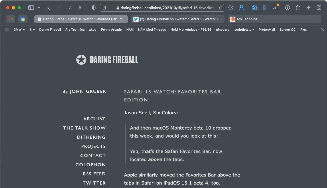 bratling's tweet photo. @daringfireball Bookmarks bar on Safari 15.0 on Big Sur, alas, still remains below the tabs. https://t.co/9RPvfXeuMe