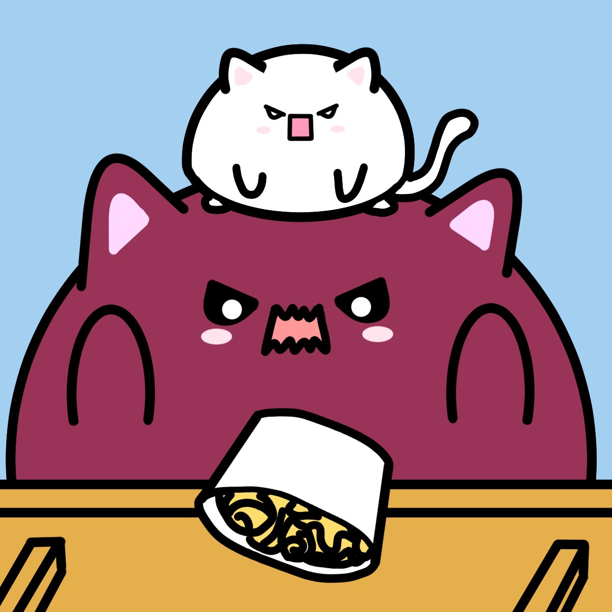 Wen little fren is angry and ramen is not tasty. Fat cat flips the table!