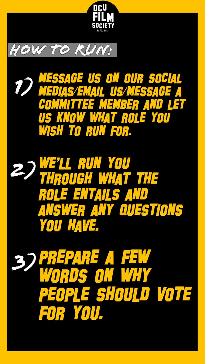 filmsocdcu's tweet photo. It’s election time!

Our annual EGM is taking place this Thursday at 7pm in CG04.
The positions available are:

⁃First Year rep
⁃Covid officer. 

It’s a fantastic opportunity for anyone to get involved in the society and we’d highly recommend putting yourself forward! https://t.co/xUL8SDxsLK