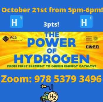 All TUCS members! Tomorrow at 5pm the ACS is having a webinar on the Power Of Hydrogen! Come learn about the modern day uses of Hydrogen in energy and transportation! Zoom code: 978 5379 3496. RSVP here! forms.gle/a9xwanAerjZ2qr…