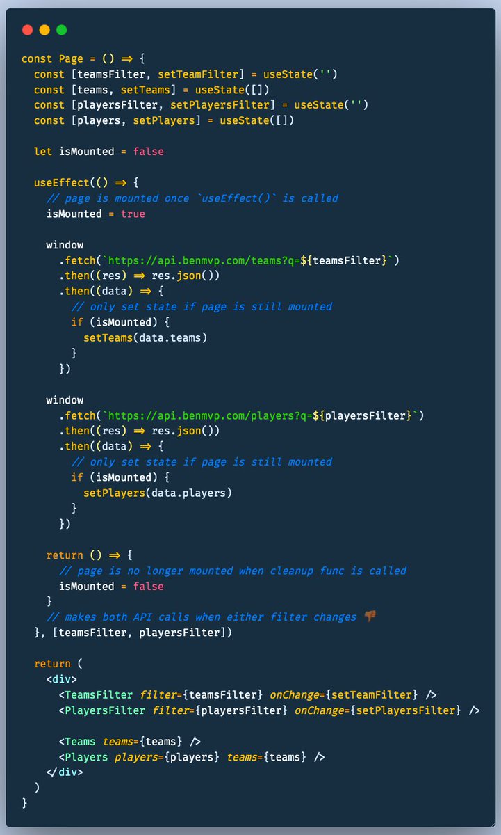 benmvp's tweet photo. My primary reason for extracting logic into a custom React Hook is to make the component easier to understand cuz the focus is on the markup &amp; interactions

Let's walk thru "cleaning up" a component w/ a couple filters &amp; API calls using some helper custom Hooks...

/thread 👇🏾🧵 https://t.co/VTVZaviXPu
