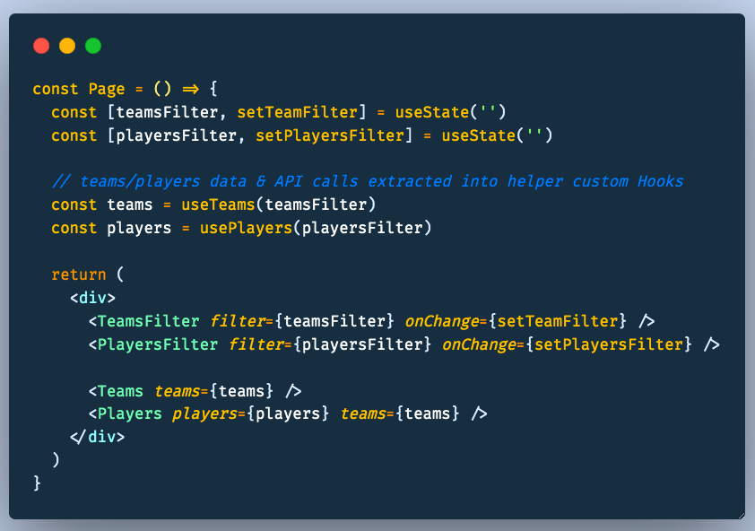 benmvp's tweet photo. My primary reason for extracting logic into a custom React Hook is to make the component easier to understand cuz the focus is on the markup &amp; interactions

Let's walk thru "cleaning up" a component w/ a couple filters &amp; API calls using some helper custom Hooks...

/thread 👇🏾🧵 https://t.co/VTVZaviXPu
