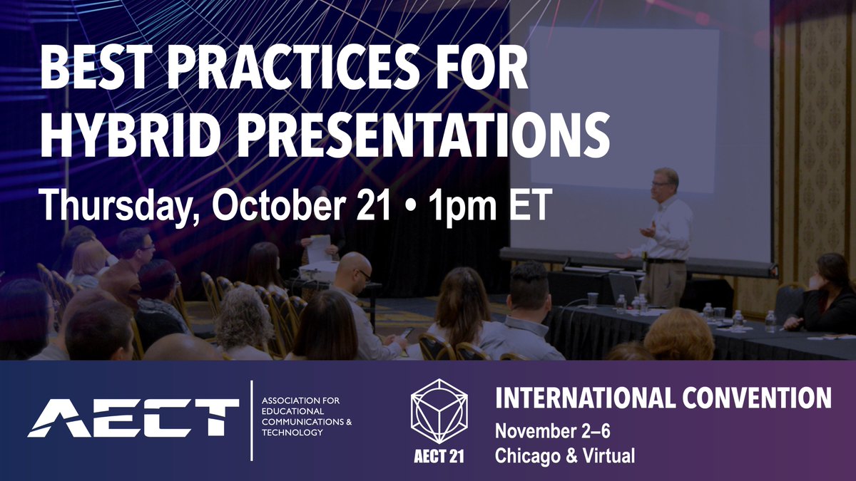 Are you interested in learning how to have a successful and accessible hybrid presentation for #AECT21? Join us for the Accessibility Committee's Webinar: Best Practices for Hybrid Presentations on Thursday, October 21, at 1pm ET.

Learn more: bit.ly/AECT21accessib…
