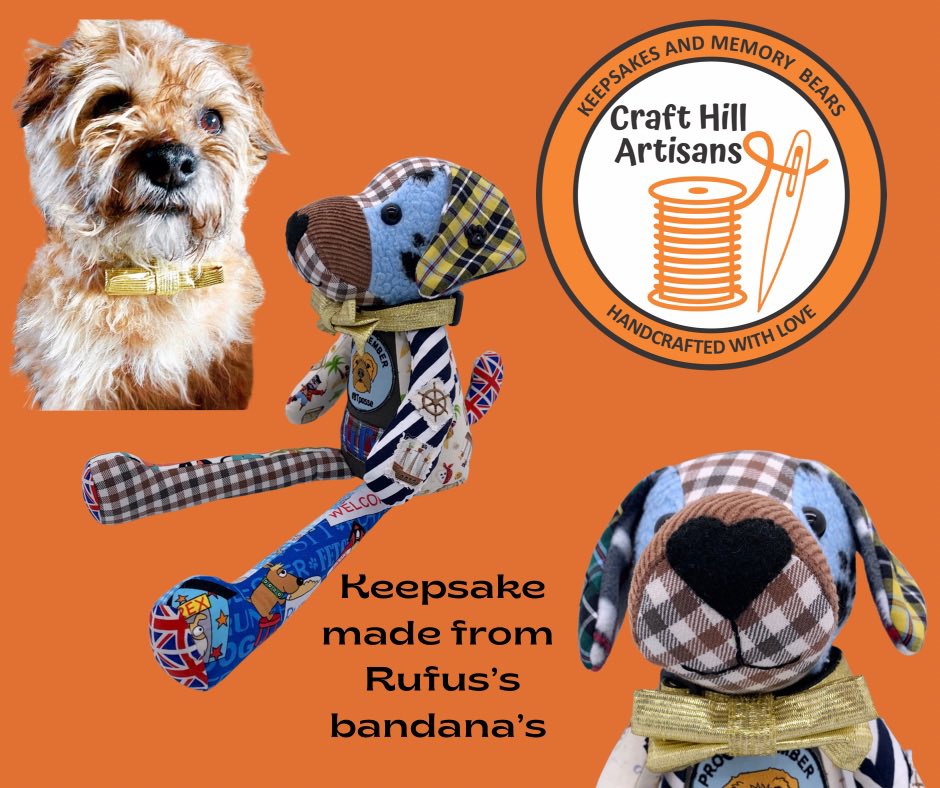 CraftArtisans's tweet photo. It was an absolute joy to make a memorial keepsake from @Rufus_The_Red precious bandana’s &amp; coats. Featuring his #BTPosse patch &amp; golden bow tie #memorydog https://t.co/kDwdkHIWzK