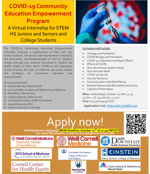 The program app deadline for Cohort D of Covid-19 Community Education &amp; Empowerment Internship (CCEEI) program: 10/22. Diverse HS juniors/seniors, college students, &amp; recent grads are invited to apply. The virtual program starts 10/27 #CCEEI #PreMedTwitter bit.ly/2WhC42h