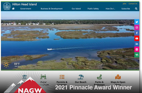 NAGW's tweet photo. Congratulations to the 2021 NAGW Pinnacle Award Winner for Small Population, Hilton Head Island, SC (@TownofHHI) #govweb #pinnacleaward #nagw2021 #HiltonHead https://t.co/DWsGmoyzIz