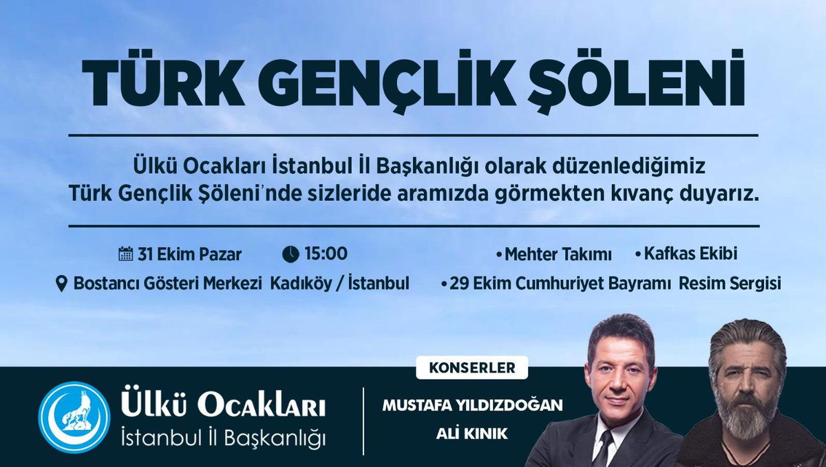 TÜRK GENÇLİK ŞÖLENİ 

Ülkü Ocakları İstanbul İl Başkanlığı olarak düzenlediğimiz Türk Gençlik Şöleni’nde sizleride aramızda görmekten kıvanç duyarız. 

🗓 31 Ekim Pazar
⏰ 15.00
📍Bostancı Gösteri Merkezi