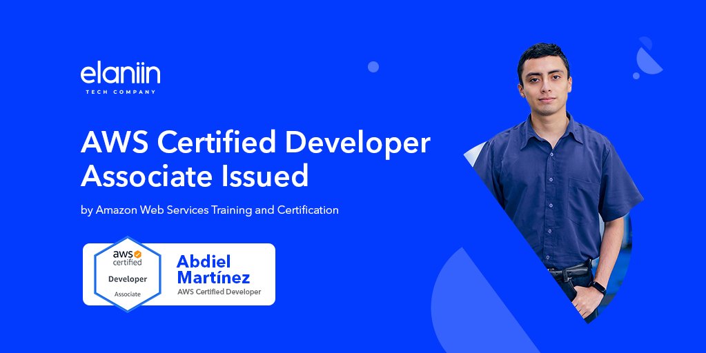 Elaniin's tweet photo. Congratulations Abdiel Martinez!
We are very proud of you for achieving this milestone of becoming an AWS Certified Developer Associate Issued. ๐
Let's keep inspiring talent.
#Elaniin #TechCompany #LetsInspirePeople #DigitalBoosters https://t.co/2avR4PbGuS