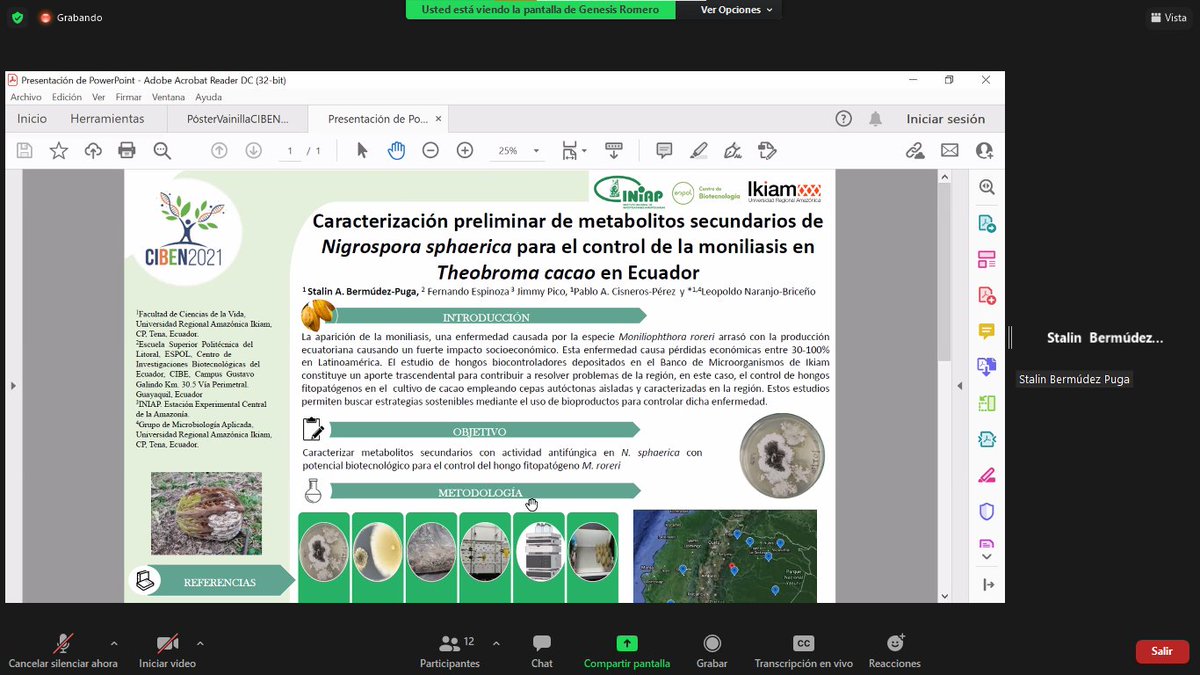 SayaroCGG's tweet photo. #Ciben2021 |En el Simposio Biorrecursos: Prospección y Aprovechamiento.  

Stalin Bermúdez nos presenta su póster sobre caracterización de metabolitos de hongos controladores de plagas de los cultivos de cacao

#Ikiam7AñosDeInvestigación https://t.co/1KOvJqO289