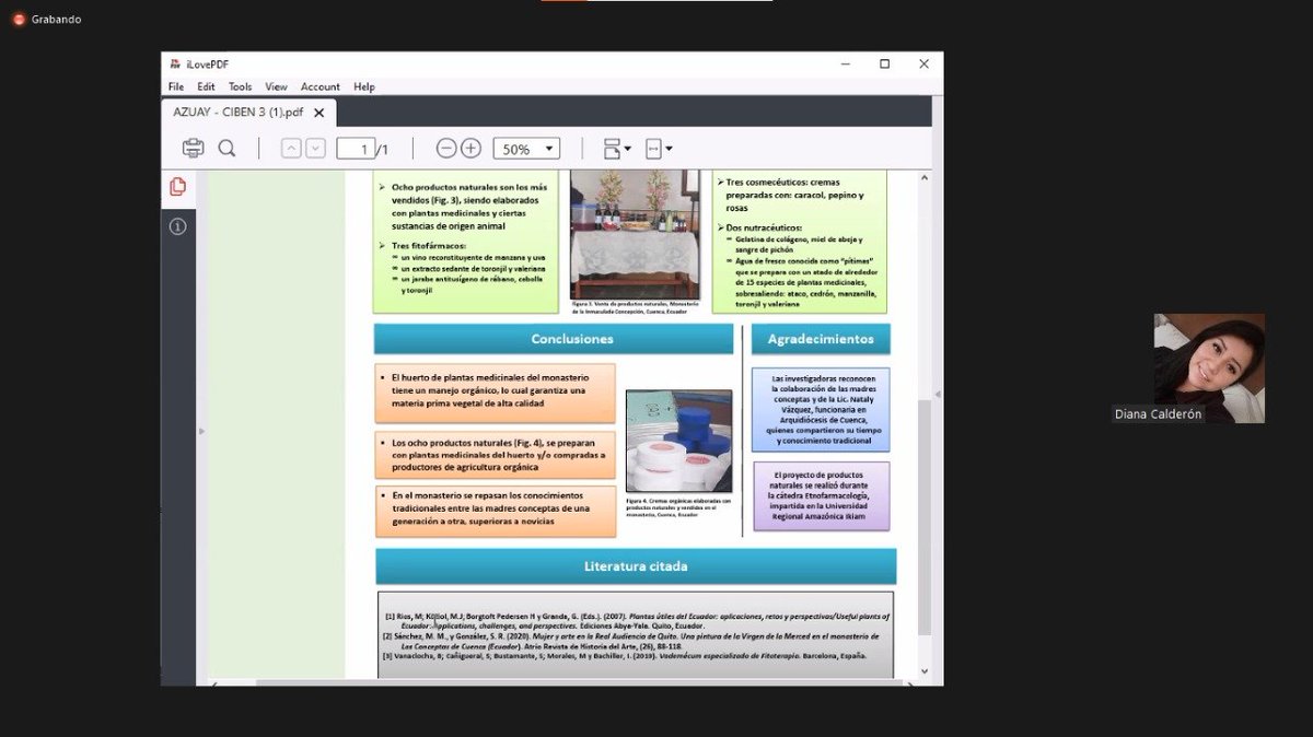 SayaroCGG's tweet photo. #Ciben2021 |En el Simposio Biorrecursos: Prospección y Aprovechamiento. 

Diana Calderón nos presenta su póster sobre plantas medicinales del Monasterio Inmaculada Concepción de Cuenca empoderando los conocimientos tradicionales

#Ikiam7AñosDeInvestigación https://t.co/TfKpqmbnMZ