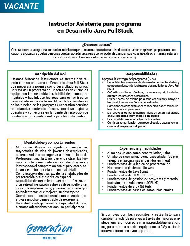 GenerationMx1's tweet photo. #Vacante 
¡Te estamos buscando!
Si estás interesadx y cumples con el perfil de alguna de nuestras oportunidades laborales, no dudes en postular.

#oportunidaddetrabajo #GenerationMx #YoSoyGeneration
#JavaFullStack #desarrolloweb https://t.co/1cvizGFo9J