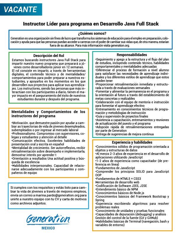 GenerationMx1's tweet photo. #Vacante 
¡Te estamos buscando!
Si estás interesadx y cumples con el perfil de alguna de nuestras oportunidades laborales, no dudes en postular.

#oportunidaddetrabajo #GenerationMx #YoSoyGeneration
#JavaFullStack #desarrolloweb https://t.co/1cvizGFo9J