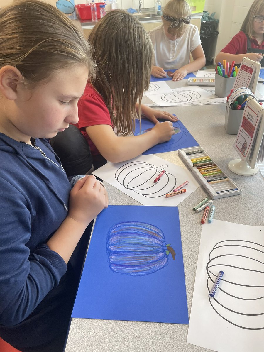 MrsKBusby1's tweet photo. Ks2 arts and crafts club used oil pastels to create wonderfully colourful pumpkins…well, it’s almost Halloween! @AlthorpeKeadby https://t.co/e3hlWCiXU6