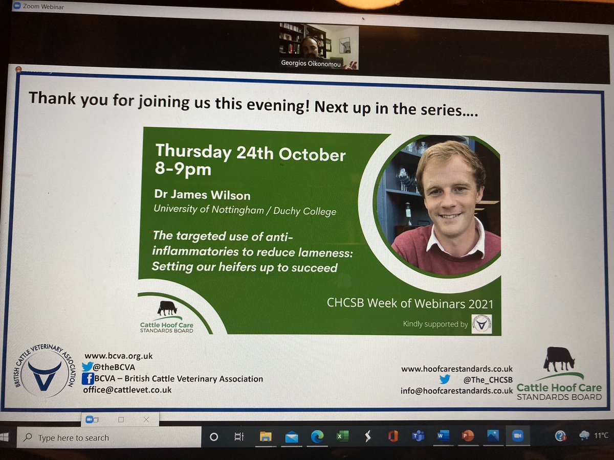 SaraPedersen3's tweet photo. Great webinar tonight from @GOikonomou for @The_CHCSB & @theBCVA #WeekofWebinars looking at genetics & automated lameness detection. Didnโt take a photo until the last slide but itโs a good reminder that @jameswilsonSB is next on the agenda! https://t.co/QFsvwhHwsk