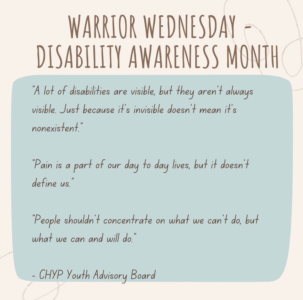 my_chyp's tweet photo. For this Warrior Wednesday of Disability Awareness Month, CHYP’s Youth Advisory Board shares inspirational quotes to help raise awareness. 

#warriorwednesday #disabilityawarenessmonth #youthinpain #youthboard #youthadvisoryboard #youthadvisoryh #creativehealing #chronicpain https://t.co/5OzhnNaQdw