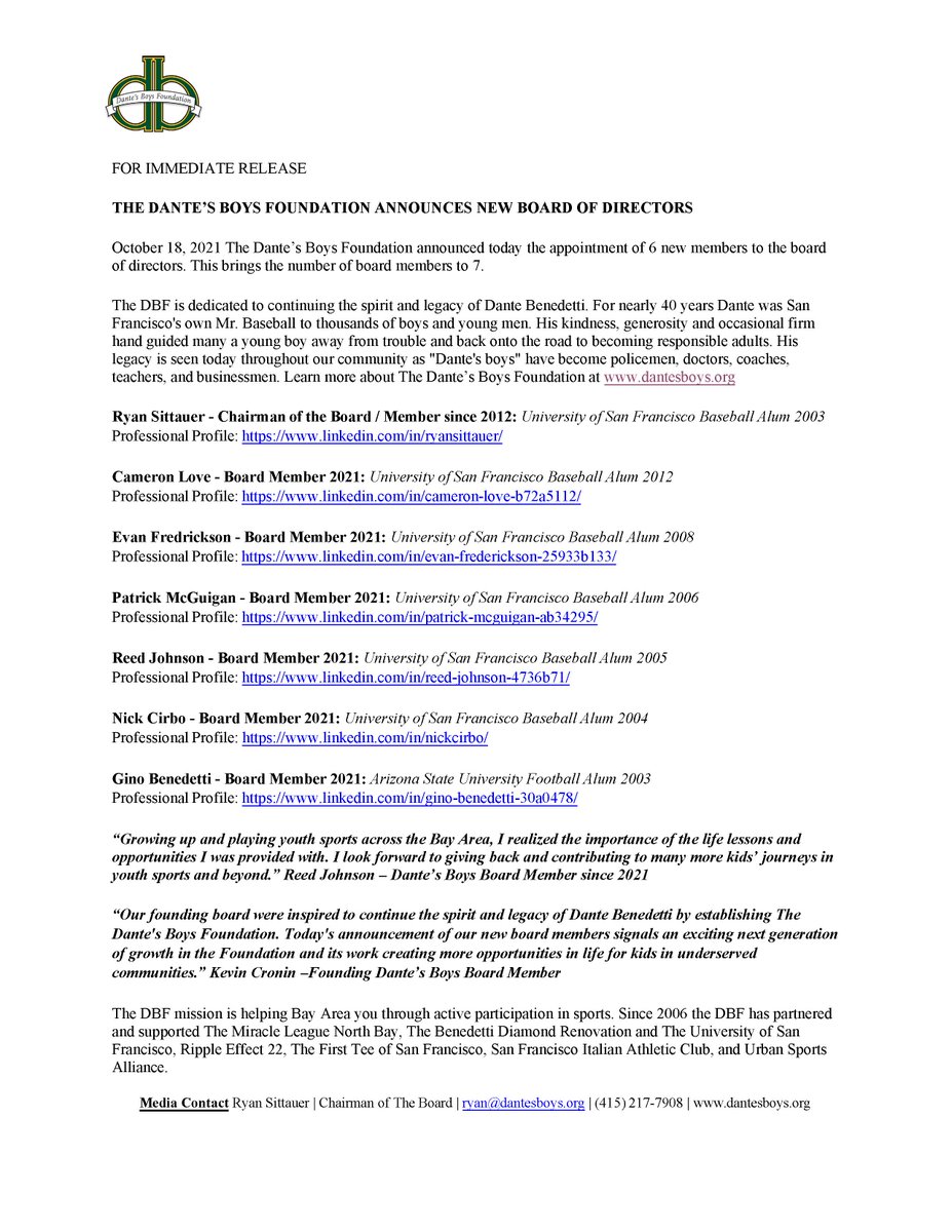 The Dante's Boys Foundation announces new Board of Directors - for immediate release