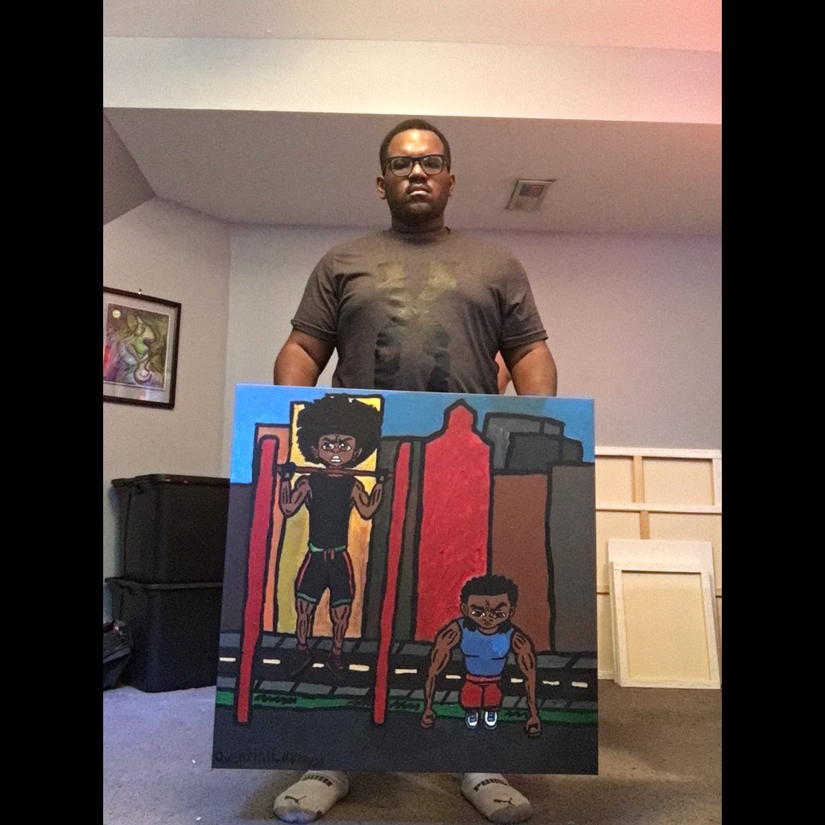 HutchinsQuentin's tweet photo. Brothers at Work, Acrylic on Canvas, 30x30 stretched canvas, painted and signed by me. 

#BlackArt #AfricanArt #WorkoutArt #Boondocks #hueyfreeman #rileyfreeman #calisthenics #Chinups #knuckleups #blackcartoon #blackanimeart #blackartist #africanartist #supportblackartists https://t.co/0QoAIoP6xh