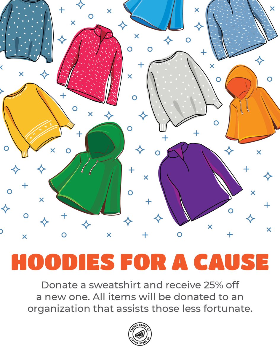 MUCampusStore's tweet photo. We are proud to support Hoodies For a Cause. Bring in any gently used hoodie or outerwear and you will receive 25% off a new hoodie or outerwear in store!!  We will be accepting donations in store October 25th-29th. All donations will be given to Refuge of Hope, a local shelter https://t.co/2fJ0fT0AqR