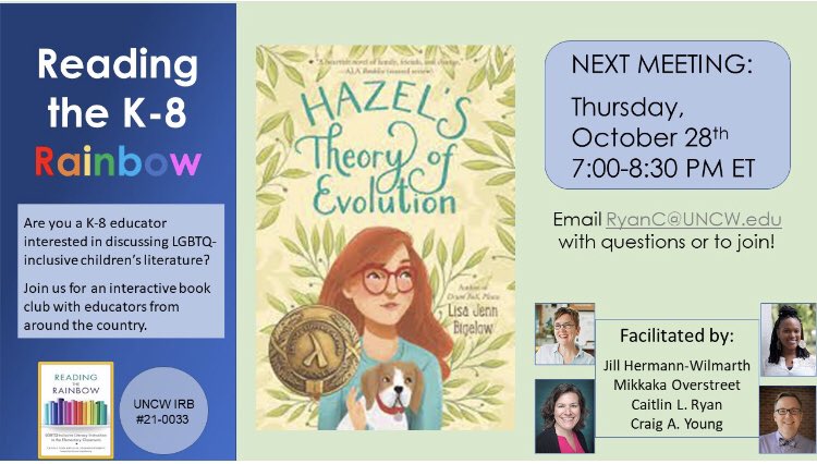 Hey! Do you teach or work with k-8 kids? Do you want to read LGBTQ-inclusive children’s lit and talk about it with teachers and other educators? Join us next week! We are discussing the wonderful Hazel’s Theory of Evolution by Kalamazoo native @LisaJennBigelow !! Info below!