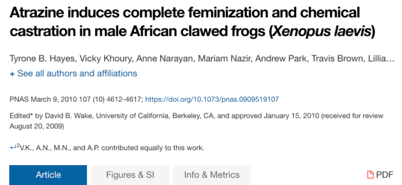 AlpacaAurelius's tweet photo. Atrazine, one of the most common pesticides, turned male frogs into females and "induced chemical castration".

Atrazine is in the tap water of millions of people. https://t.co/MJlv72zRqB