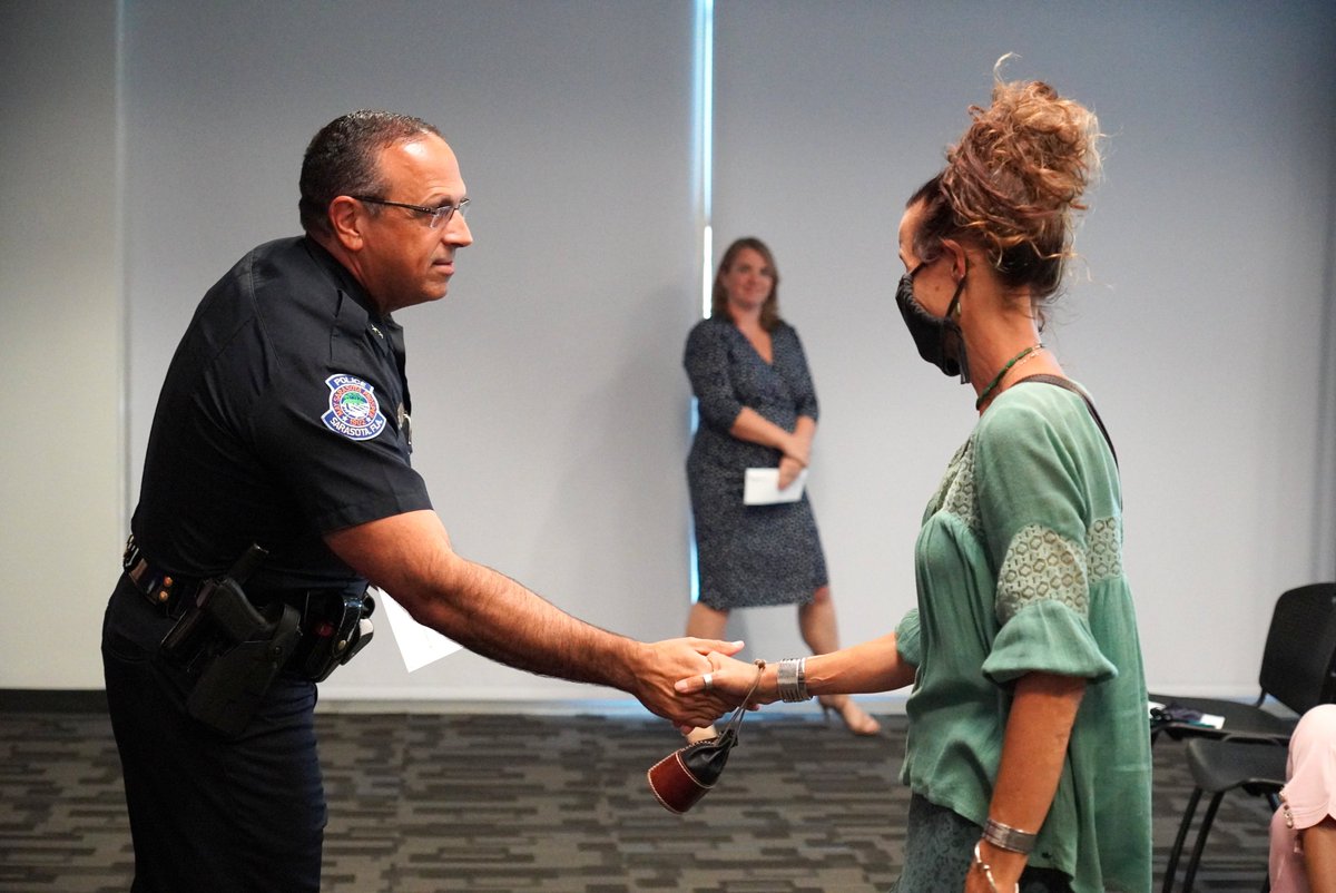 SarasotaPD's tweet photo. This afternoon, Interim Chief Troche & our agency donated Law Enforcement Trust Funds (LETF) to local community organizations that teach crime prevention & drug abuse prevention education. More @ https://t.co/QRZRpR5xnJ #LETF #Sarasota #Florida #Community #Police #PathForward https://t.co/fXBSQHma53
