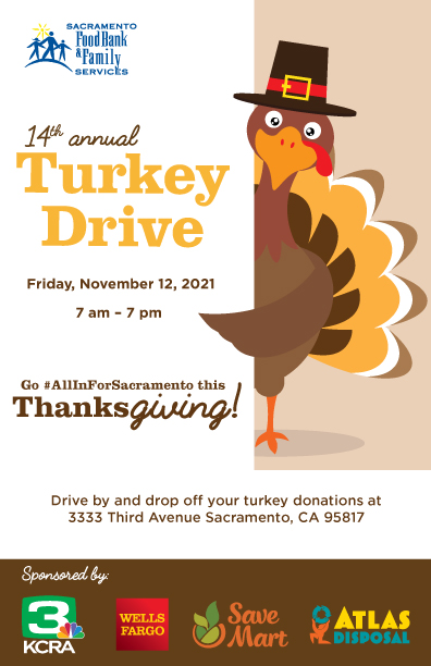 SacFoodBank's tweet photo. Many Sacramentans are struggling to put food on the table this holiday season. Help out in our 14th annual Turkey Drive.  
To participate you can drop off a turkey, Friday, November 12 from 7:AM–7:PM at our Family Services Campus (3333 Third Ave, Sacramento). #AllInForSacramento https://t.co/VDAbyxXizJ