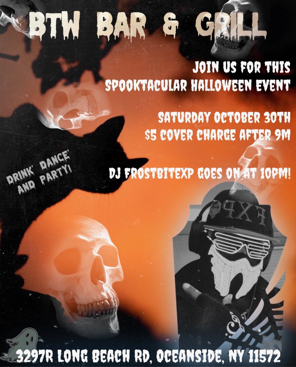 FrostbyteXp's tweet photo. If you don't have any plans Halloween weekend, come on out!
Saturday October 30th
@ BTW Bar &amp; Grill
3297 R Long Beach Rd. Oceanside, NY 11572

i'll be playing my set and making sure good vibes all around for this event! https://t.co/TcHqRLqaLJ