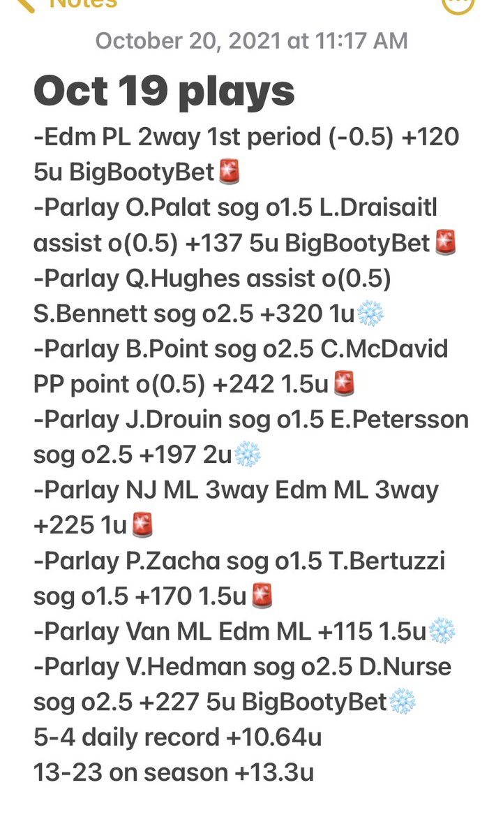 PicksPunisher's tweet photo. #BigBootyBets go 2-1 and daily total of +10.64u on the day. Congrats to all who cashed! We have 2 more 5u #BigBootyBets for tonight? Anybody want them?
#nhlpicks
#GamblingTwitter https://t.co/JK3KaoM484