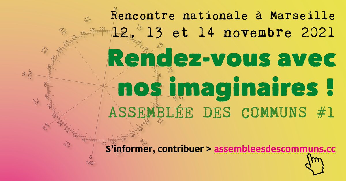 J-22 Assemblée des communs #1 > Rencontre nationale à <a href="/marseille/">Ville de Marseille</a> les 12, 13 et 14 novembre prochains > "Rendez-vous avec nos imaginaires!" > Inscriptions ici assembleesdescommuns.cc/inscription/

#communs #prendresoin #contribution #democratie #recherche #democratie