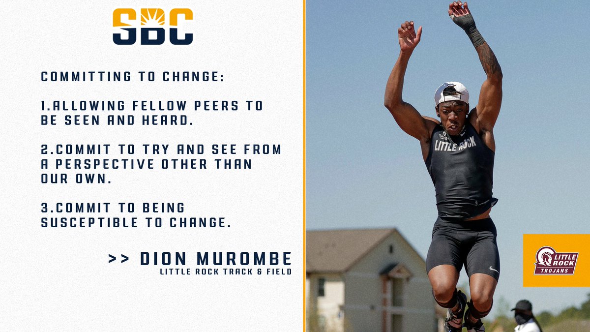 SunBelt's tweet photo. 𝗖𝗢𝗠𝗠𝗜𝗧𝗠𝗘𝗡𝗧 𝗧𝗢 𝗖𝗛𝗔𝗡𝗚𝗘.

@LittleRockTFXC jumper @diooon_11 offers three principles for committing to change. 

#NCAAInclusion | @Div1SAAC https://t.co/d11ltucvIs