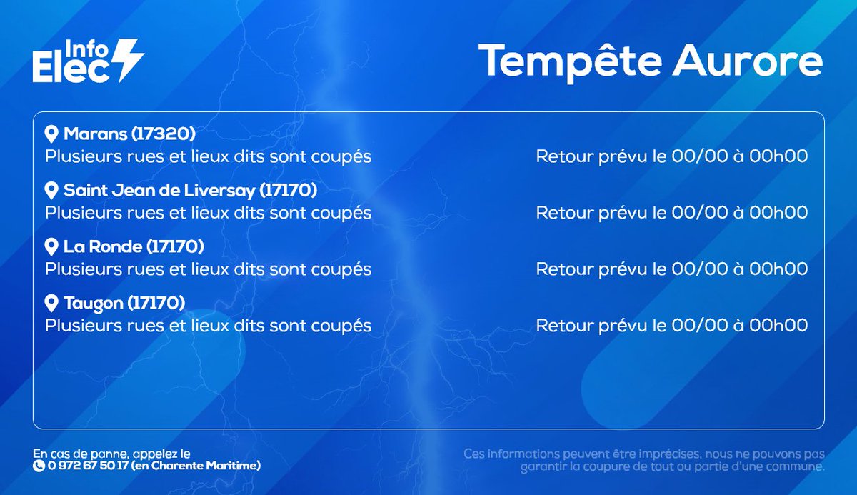 InfoElecLR's tweet photo. ⚠️ COUPURES EN COURS
Ce sont les communes de #Marans, #StJeanDeLiversay, #LaRonde et #Taugon qui sont coupées.

#tempeteAurore #Meteo17 https://t.co/mwKhIGJISz