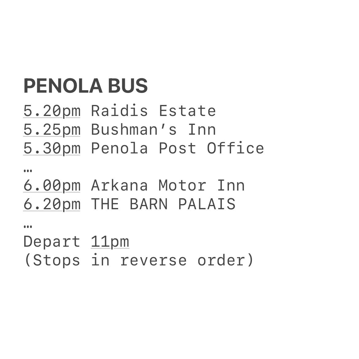 LCWineShow's tweet photo. A reminder of bus times for tonight, please be on time &amp; ready to roll • See you @thebarnmountgambier 👏🏼 https://t.co/HC76aURxkp