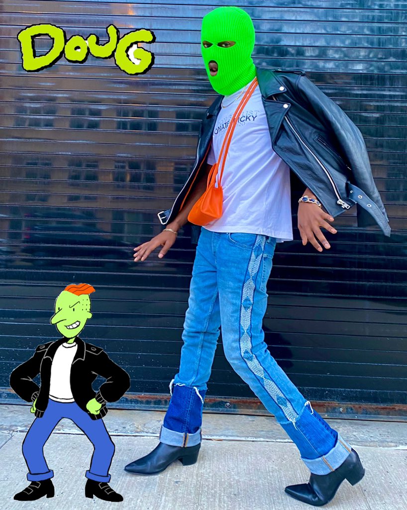 moodbytai's tweet photo. Hey Funnie, GET BACK OVER HERE!

Day 1/11 of #Villaintober is Roger Klotz from #Doug. October is #NationalBullyingPreventionMonth &amp; what better way to tell you than getting on my #BULLY 😈
#RogerKlotz #DougFunnie #Nickelodeon #CoutureCosplay #RoyalTai #telfar #bullyingawareness https://t.co/iHo2VRoDFa