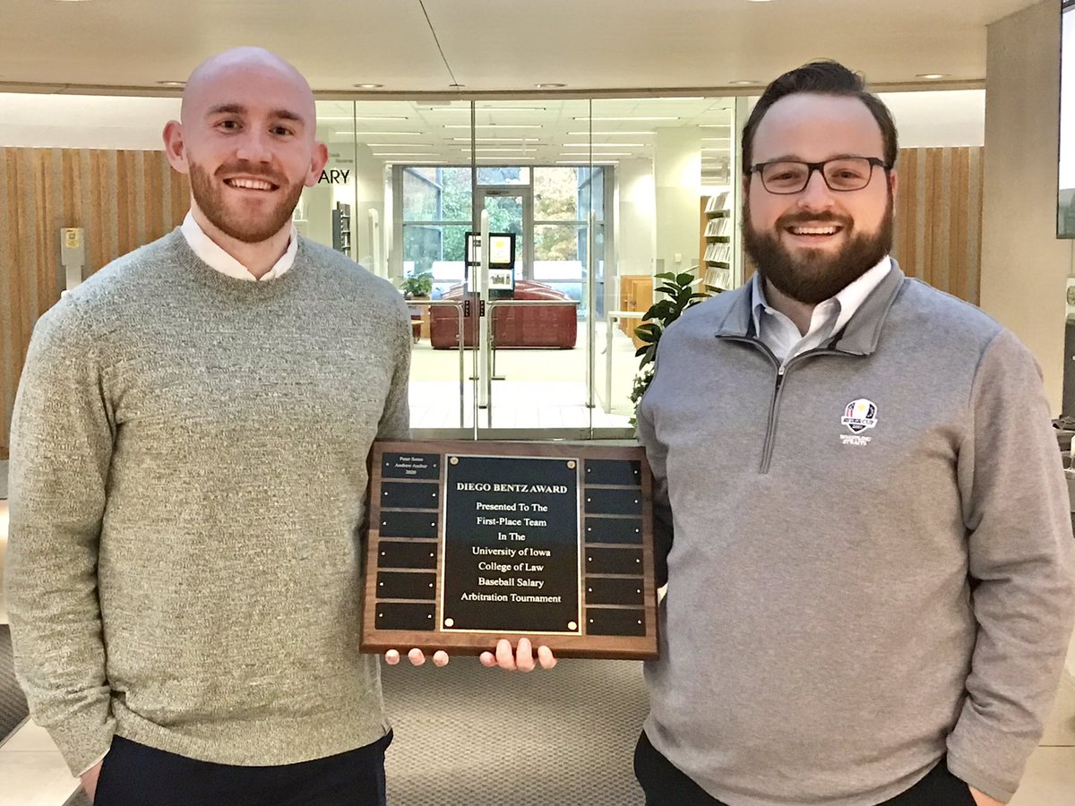 DanMatheson's tweet photo. Congrats to @andrewascher8 and @PeteySotos - 2020 @IowaLawSchool intramural Baseball Salary Arbitration champs! Back to defend the hardware named for alumnus @MrDiegoBentz. Thx to student co-coach Reed Zahradnick for your analytics expertise &amp; partnership! #SportsLaw #SportsBiz https://t.co/U6xAUoHUXE