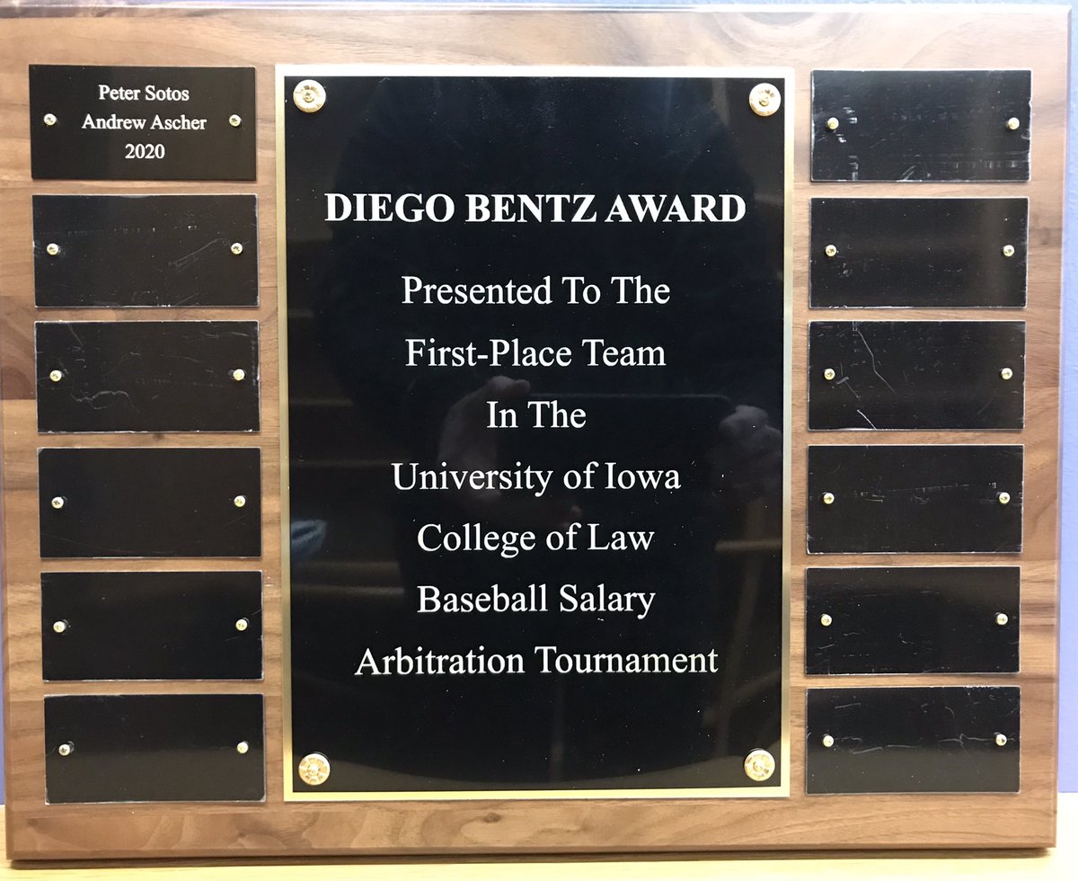 DanMatheson's tweet photo. Congrats to @andrewascher8 and @PeteySotos - 2020 @IowaLawSchool intramural Baseball Salary Arbitration champs! Back to defend the hardware named for alumnus @MrDiegoBentz. Thx to student co-coach Reed Zahradnick for your analytics expertise &amp; partnership! #SportsLaw #SportsBiz https://t.co/U6xAUoHUXE