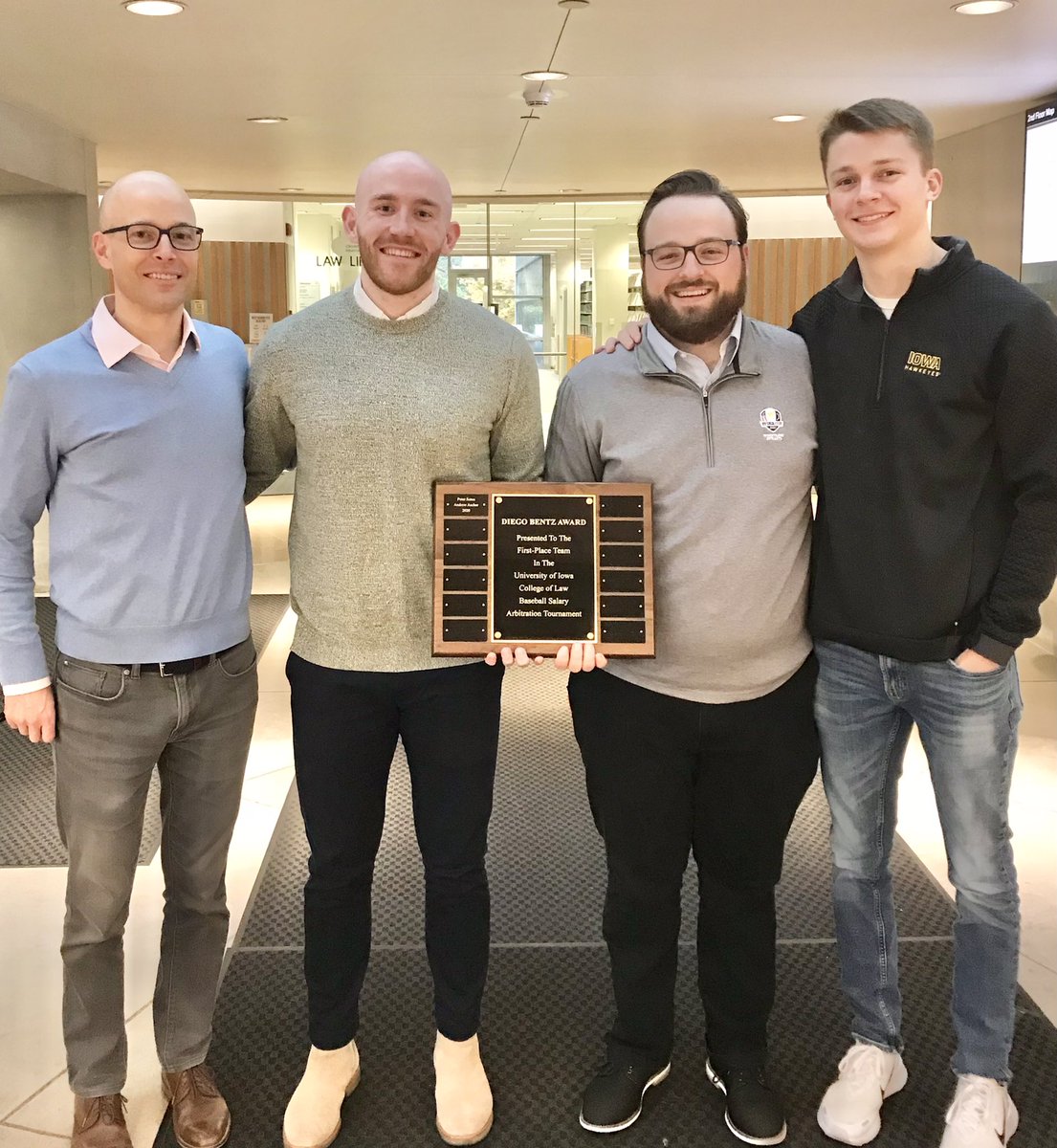 DanMatheson's tweet photo. Congrats to @andrewascher8 and @PeteySotos - 2020 @IowaLawSchool intramural Baseball Salary Arbitration champs! Back to defend the hardware named for alumnus @MrDiegoBentz. Thx to student co-coach Reed Zahradnick for your analytics expertise &amp; partnership! #SportsLaw #SportsBiz https://t.co/U6xAUoHUXE