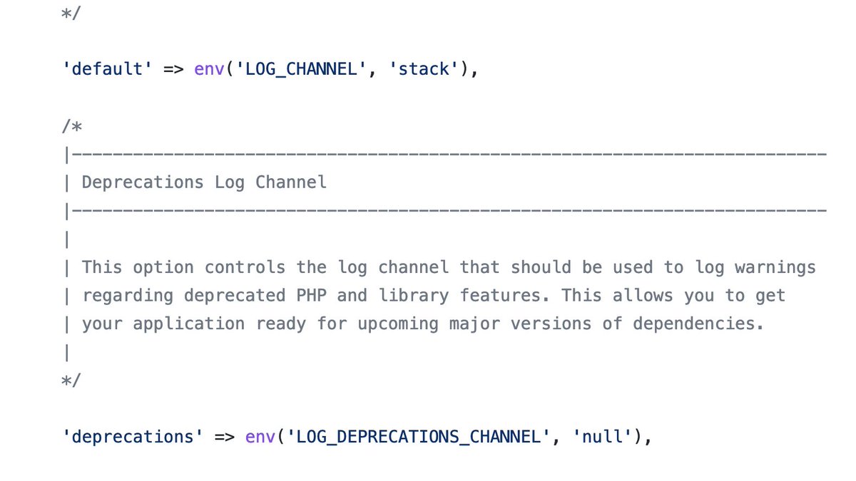 enunomaduro's tweet image. New on @laravelphp v8.65: PHP, and libraries often notify their users that some features have been deprecated and will be removed in a future version.

You can now be aware of those deprecation warnings by specifying a &quot;deprecations&quot; log channel. ✅

📚 laravel.com/docs/8.x/loggi….